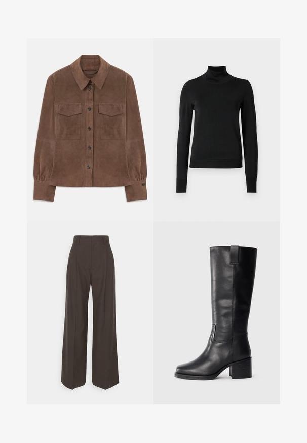 Bruine suède langemouwenhemd met knoopsluiting aan de voorkant, puntkraag, twee borstzakken met flap en met knopen gesloten manchetten.; Zwarte trui met lange mouwen en col, voorzien van geribde manchetten en zoom, weergegeven op een effen witte achtergrond.; Donkerbruine wijde broek met een hoge taille, voorzien van strak geplooide plooien, een zachte textuur en een op maat gemaakte pasvorm.; Zwarte leren kniehoge laarzen met een gladde textuur, vierkante neus, blokhak en zijhandvat, met minimale stikseldetails.