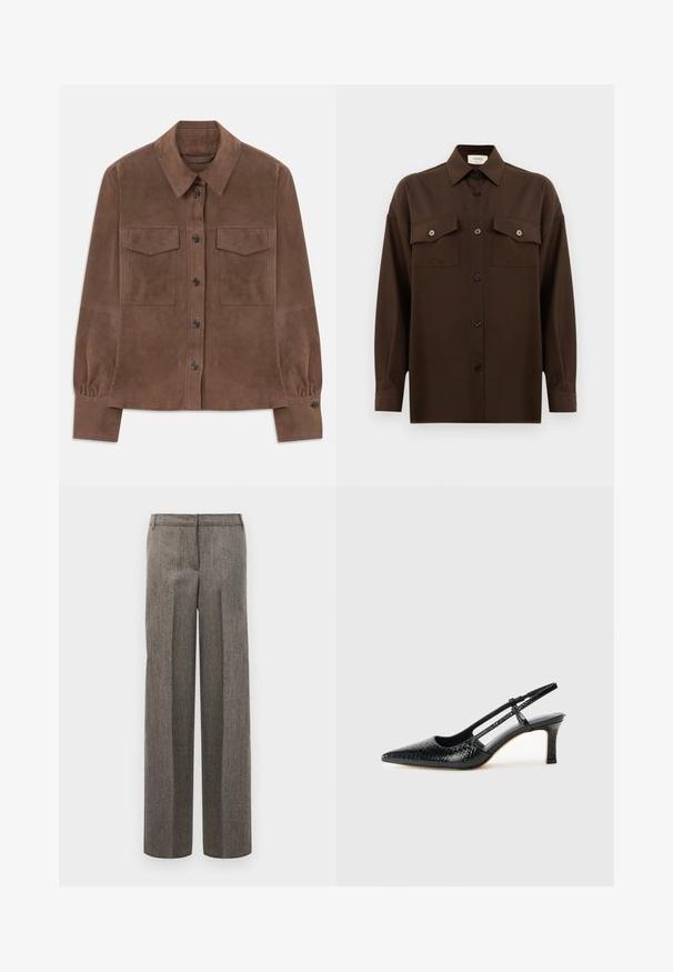 Bruine suède langemouwenhemd met knoopsluiting aan de voorkant, puntkraag, twee borstzakken met flap en met knopen gesloten manchetten.; Donkerbruin langarm overhemd met knopen, voorzien van twee zakken met klep op de borst en een klassieke kraag, weergegeven tegen een effen witte achtergrond.; Grijze geprinte broek met een op maat gemaakte design, brede pijpen en een zachte textuur, met een platte voorkant en riemlussen.; Zwart patent slingback hak met een spitse neus, voorzien van een gestructureerde slangenprint, verstelbare band en een korte, gestructureerde blokhak.