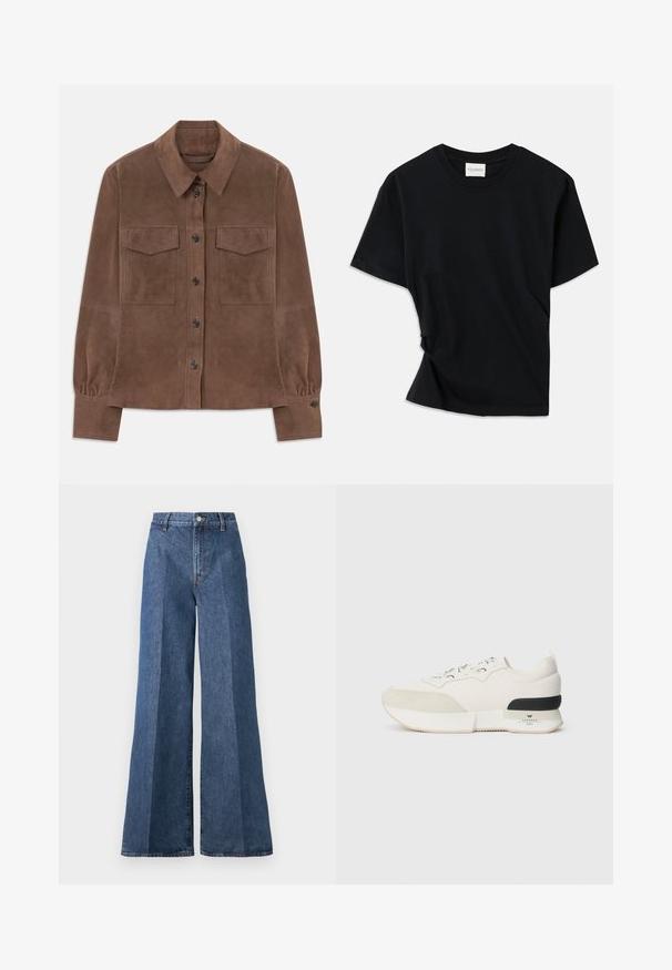 Rjava antehna srajca z dolgimi rokavi, gumbom naprej, koničastim ovratnikom, dvema žepoma s poklopcem na prsih in gumbastimi manšetami.; Črno majico iz mehkega bombaža odlikuje okrogla izreza, kratki rokavi in nekoliko zvit dizajn za sproščen fit.; Široke modre kavbojke z visokim pasom, ki imajo klasičen pet-pocket dizajn in zapiranje na gumb, izdelane iz teksturirane bombažne tkanine.; Bela športna obutev z teksturiranim nubukom na vrhu prstov, gladkim mrežastim zgornjim delom, okrasnimi vezalkami in črnim gumijastim poudarkom na peti.
