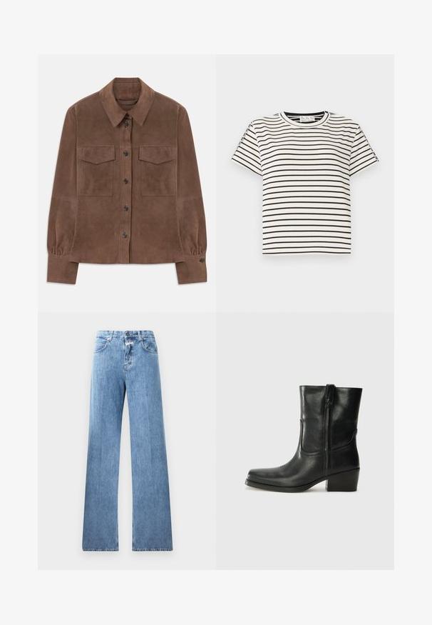 Brązowa zamszowa koszula z długim rękawem, zapinana na guziki z kołnierzykiem w szpic, dwiema kieszeniami na piersiach z klapkami oraz mankietami zapinanymi na guziki.; Bawełniana koszulka T-shirt z krótkim rękawem i okrągłym dekoltem, z czarnymi pionowymi paskami na białym tle oraz prostym krojem.; Jasnoniebieskie dżinsy o szerokim kroju, pięć kieszeni, szlufki na pasek i zapięcie na guzik. Tkanina ma gładką strukturę.; Czarne skórzane botki za kostkę z okrągłym noskiem, słupkowym obcasem, bocznym zamkiem i przeszyciami na cholewce. Gładka tekstura, klasyczny design.