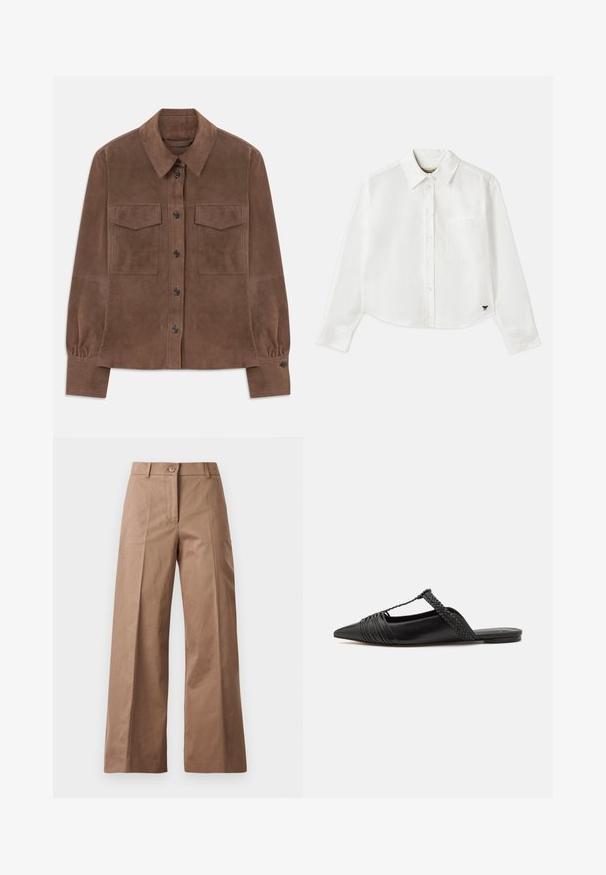 Cămașă lungă din suede maro, cu mâneci lungi, cu închidere butonată în față, guler ascuțit, două buzunare cu clapetă pe piept și manșete butonate.; Cămașă albă cropped cu mânecă lungă din bumbac. Prezentă un închizător cu nasturi în față, un buzunar pe piept și un mic logo negru în partea stângă jos.; Pantaloni largi de culoare maronie, confecționați dintr-un material neted, având o închidere cu nasture în față, două buzunare frontale și linii curate, croite.; Pantofii din piele neagră cu curea la spate au vârful ascuțit, prezentând un accent țesut și un design superior pliat. Talpa joasă cu hardware minim.