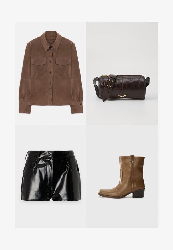 Barna velúr hosszú ujjú ing gombos elülső részel, hegyes gallérral, két mellzsebbel és gombos mandzsettával.; Hosszú ujjú, világos bézs blúz kerek nyakkivágással. Puha anyagból készült, középső varrással és enyhén ívelt szegéllyel rendelkezik. Nincs rajta látható fémrész.; Fekete, fényes sort szintetikus anyagból. Jellemzője a fitted derék, övhurkok és elülső zsebek jellegzetes varrási részletekkel.; Barna bőrből készült bokacsizma négyzet alakú orral, texturált felülettel és alacsony, rakott sarkával. Hátsó húzófüllel és finom varrási részletekkel rendelkezik.; Barna krokodilbőr hatású bőr táska henger alakú, arany tónusú fémveretekkel és lecsatolható, szegecsekkel díszített pánttal.