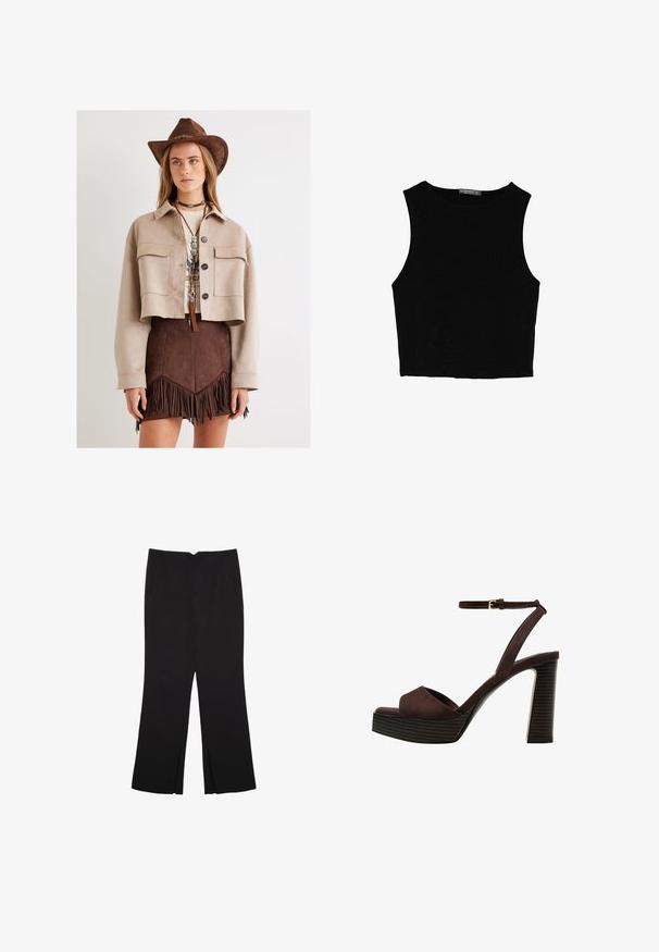 Giacca in suede beige tagliata, con due tasche sul petto, abbinata a una gonna di frange marrone, accessoriate con un cappello marrone e una collana a strati.; Top corto senza maniche nero realizzato in tessuto liscio, con scollatura rotonda e un design pulito e semplice, privo di pattern o accessori.; Pantaloni neri a gamba dritta, con tasche frontali e spacchi laterali all'orlo. Realizzati in tessuto morbido e liscio. Adatti a diverse occasioni.; Sandal in camoscio marrone con tacco alto, punta aperta, cinturino alla caviglia regolabile e suola a piattaforma striata.