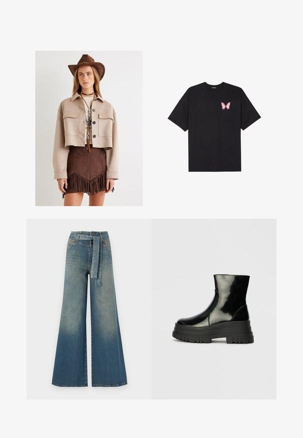 Lyhyt beige mokkatakki kahdella rintataskulla, yhdistettynä ruskeaan frillihameeseen, asusteena ruskea hattu ja kerroksellinen kaulakoru.; Musta puuvillapaita lyhyillä hihoilla, jossa on pieni vaaleanpunainen perhosgrafiikka vasemmassa rinnassa. Pyöreä kaula-aukko ja rento istuvuus.; Yksiväriset farkut leveällä lahkeella, joissa on vaaleasta tummansiniseen häipyvä väri, korkea vyötärö, vyölenkit ja yhteensopiva kangasvyö. Rakennefarkkujen pinta.; Musta kiiltävä nilkkuri paksulla karkealla pohjalla ja pyöristetyllä kärjellä, sivukuva vaaleanharmaalla yksinkertaisella taustalla.