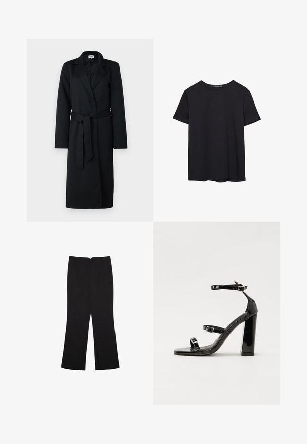 Črn dolg plašč z zareznim ovratnikom, ovitjem in usklajeno pasom. Narejen iz volnenega materiala, z dolgimi rokavi in gladko teksturo.; Enostavna črna bombažna majica s kratkimi rokavi in okroglim izrezom, prikazana na belem ozadju.; Črne hlače ravnega kroja z naglavnimi žepi in stranskimi razporki na robu. Narejene iz mehke, gladke tkanine. Primerne za različne priložnosti.; Črne lakirane sandale s peto, kvadratnim prstom, trakovi okrog gležnja in srebrnimi zaponkami. Opremljene so s stabilno Debelo peto.