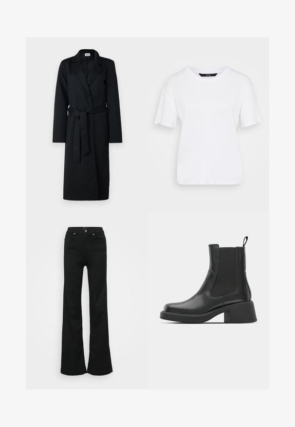 Casaco longo preto com lapela dentada, design envolvente e faixa correspondente na cintura. Feito de um tecido semelhante à lã, apresenta mangas longas e uma textura suave.; T-shirt branco de manga curta feito de algodão. Apresenta um decote redondo e um corte descontraído, com um design simples e sem padrões ou acentos visíveis.; Jeans ajustados pretos em denim, com cintura alta, cinco bolsos e fecho de botão metálico. Textura suave com detalhes mínimos.; Botas de tornozelo em couro preto com painéis laterais elásticos, biqueira arredondada e salto robusto em bloco. Textura suave com um design minimalista.