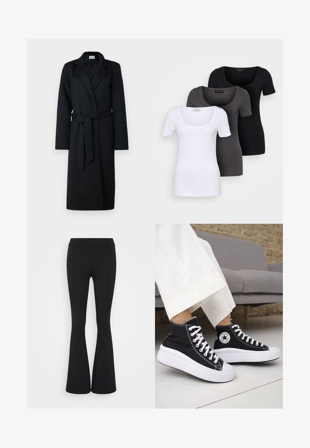 Casaco longo preto com lapela dentada, design envolvente e faixa correspondente na cintura. Feito de um tecido semelhante à lã, apresenta mangas longas e uma textura suave.; Três t-shirts ajustadas em branco, cinza e preto. Cada uma possui um decote amplo e mangas curtas. Feitas de um tecido liso e elástico.; Calças pretas de corte alargado feitas de tecido elástico, com uma cintura alta e uma textura suave. As calças alargam-se a partir do joelho.; Ténis pretos de cano alto com solas e atacadores em borracha branca. Apresentam um emblema redondo e costuras contrastantes em branco. Material em lona.