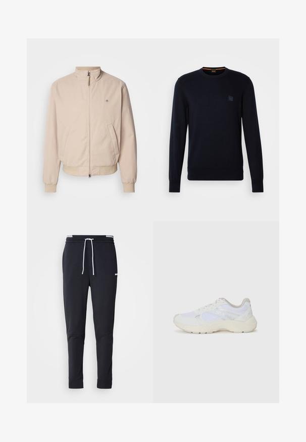 GANT HAMPSHIRE JACKET - Giacca leggera - concrete beige; Maglione in blu navy a maglia con maniche lunghe, scollo rotondo, polsini e orlo a costine, con un piccolo logo quadrato sulla parte anteriore.; Pantaloni jogger slim-fit neri con cordoncino bianco, vita elastica con strisce bianche e piccolo logo bianco sulla coscia superiore.; Scarpe da ginnastica bianche in mesh e suede, con una suola intermedia testurizzata, dettagli testurizzati e il logo "HUGO" sul lato.