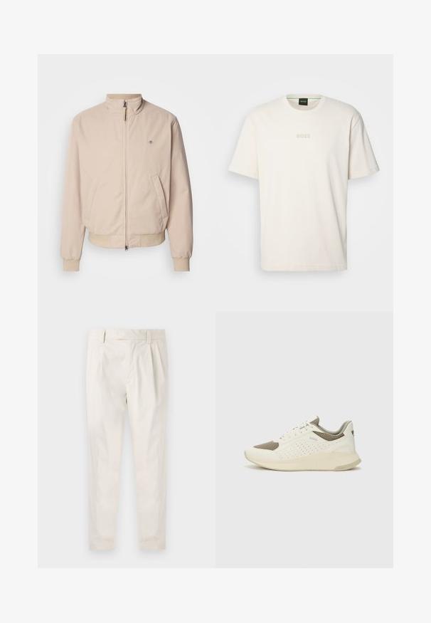 GANT HAMPSHIRE JACKET - Lehká bunda - concrete beige; BOSS TEE - Jednoduché tričko - open white; Bílé, plisované kalhoty s upraveným střihem, které mají hladkou texturu, poutka na opasek a zúžené nohavice. Bez viditelných kapes nebo vzorů.; Bílé a světle béžové atletické tenisky, které mají síťovaný svršek, perforované detaily a texturovanou mezipodešev s logem na patě.