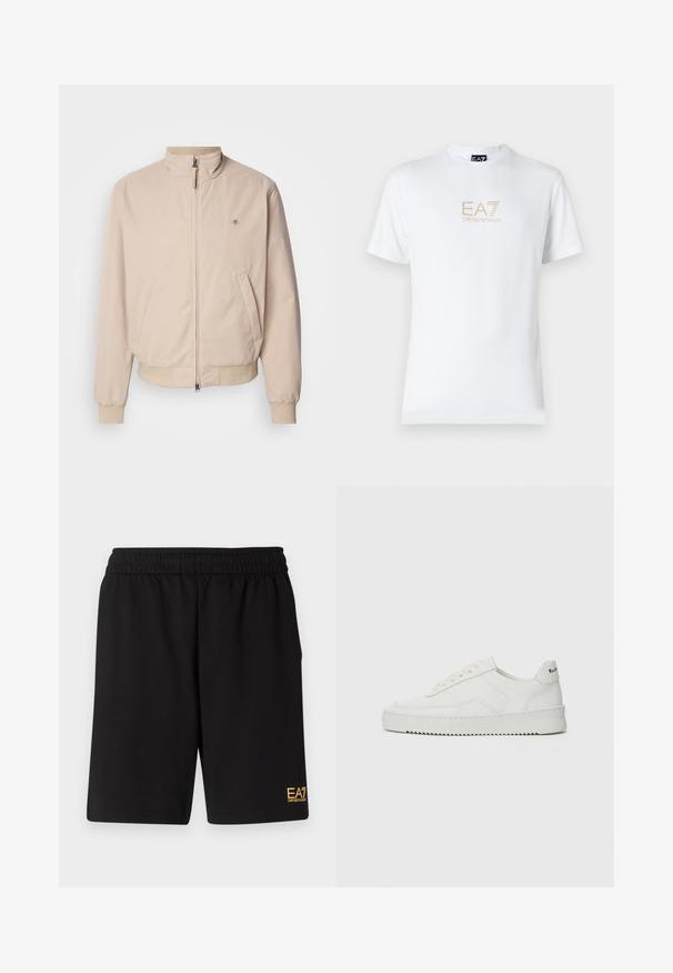 GANT HAMPSHIRE JACKET - Jachetă de vară - concrete beige; Tricou alb din bumbac, cu guler rotund și mâneci scurte, având un logo auriu EA7 Emporio Armani imprimat pe față.; Shorts atletici negri dintr-un material moale, având o talie elastică și un mic logo galben EA7 pe partea inferioară a piciorului stâng.; Sneakers din piele albă cu un finisaj neted, vârf rotund, șireturi plate și o talpă texturată. Prezintă un logo subtil pe călcâi.