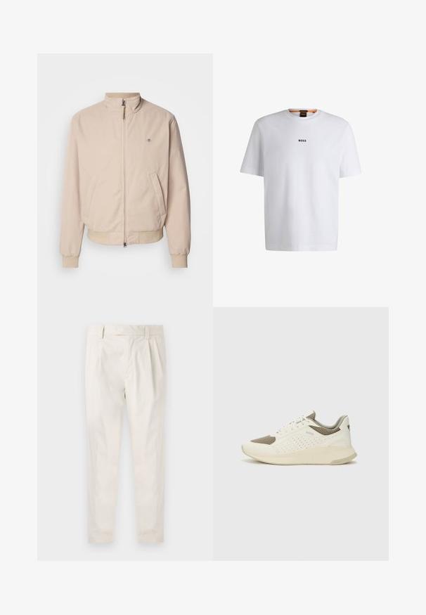 GANT HAMPSHIRE JACKET - Tunn jacka - concrete beige; Vit bomull T-shirt med korta ärmar, med en svart "BOSS"-logotyp centrerad på bröstet och en rund nackdesign.; Vita, plisserade byxor med skräddarsydd passform, med en mjuk yta, bälteshängare och avsmalnande ben. Inga synliga fickor eller mönster.; Vit och ljusbeige atletisk sneaker med ett meshöverdrag, perforerade detaljer och en texturerad mellansula med varumärke på hälen.