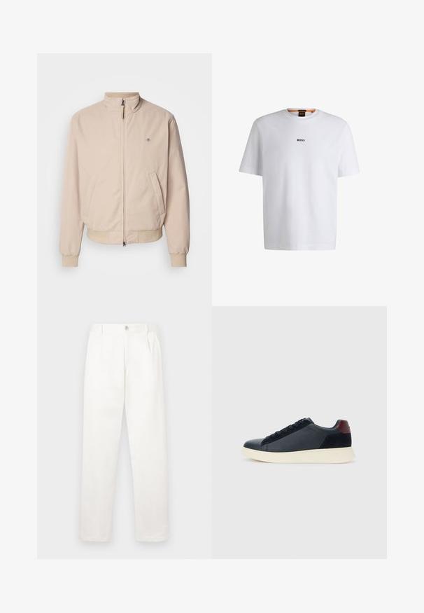 GANT HAMPSHIRE JACKET - Casaco de verão - concrete beige; T-shirt de algodão branca com mangas curtas, apresentando um logo preto "BOSS" centrado no peito e um design de gola redonda.; Calças brancas feitas de um tecido suave, com um design de perna reta, pregas frontais e um fecho de botão único na cintura.; Sapatilha baixa masculina em couro preto e camurça com aba de calcanhar em amarelo-escuro e sola de borracha branca, vista do lado exterior.