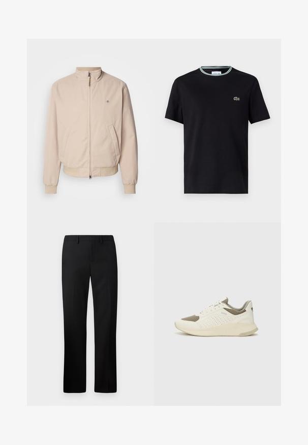 GANT HAMPSHIRE JACKET - Letná bunda - concrete beige; Čierne bavlnené tričko s okrúhlym výstrihom, s bielym a zeleným prúžkovaným lemovaním a vyšitým zeleným logo krokodíla na ľavej hrudi.; Čierne elegantné nohavice so rovnými nohavicami, vyrobené z hladkej tkaniny. Súčasťou je plochý predný diel a pás so stredným vzostupom.; Biele a svetlo béžové športové tenisky s hornou časťou z mriežkového materiálu, perforovanými detailmi a textúrovanou medzipodrážkou s logom na päte.