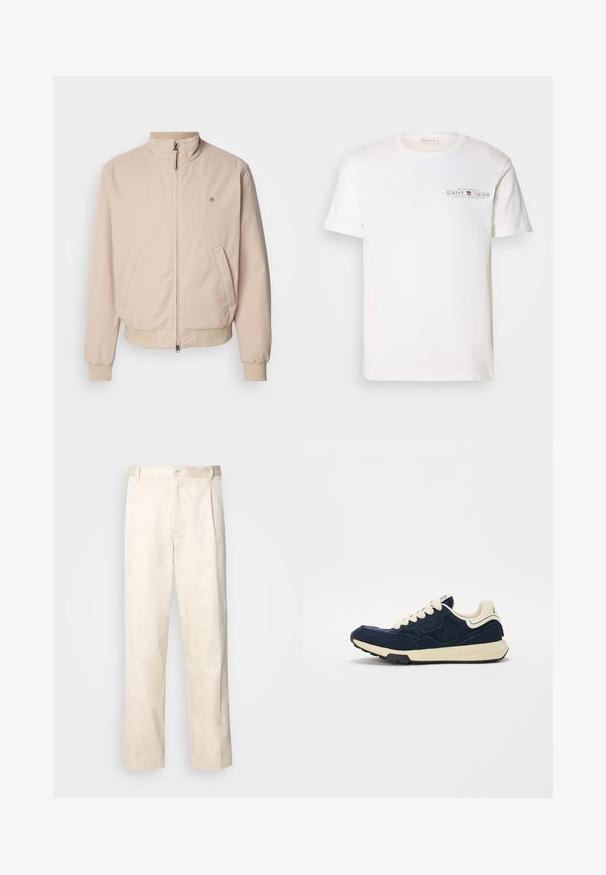 GANT HAMPSHIRE JACKET - Casaco de verão - concrete beige; T-shirt de algodão branco com decote redondo, mangas curtas e logotipo impresso. Apresenta um design minimalista e um corte relaxado.; Calças de algodão bege com corte reto, apresentando um fecho de botão e pregas na frente para um detalhe adicional.; Tênis azul-marinho com upper de camurça texturizada, atacadores creme e meio-sola bege. Apresenta um design atlético clássico e sola de borracha.