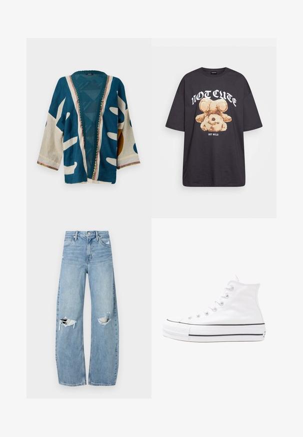 Blå og kremfarget mønstret kimono-jakke med løs passform, vide ermer og intrikate detaljer langs halsutskjæringen og kanten. Dekorative motiver er til stede.; Svart oversized t-skjorte med en grafikk av en bjørn og teksten "IKKE SØT, MEN VILL" i fet, hvit skrift. Laget av bomull.; Lyseblå høytlivsjeans laget av denim. Har vide bein, to revne knær og klassisk fem-lommers design.; Hvit høy-skinn kanvas sneakers med svart gummisåle, gummitåhette foran og seks hull for snorer, med et rent, minimalistisk design.