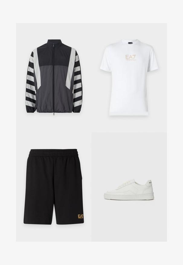 Windbreaker jacket in black and grey. Features a high collar, full zip, and striped sleeves. Made from lightweight, textured fabric.; White cotton t-shirt featuring a round neckline and short sleeves, with a gold EA7 Emporio Armani logo printed on the front.; Black athletic shorts made of soft fabric,Featuring an elastic waistband and a small yellow EA7 logo on the lower left leg.; White leather sneaker with a smooth finish, round toe, flat laces, and a textured sole. Features a subtle logo on the heel.