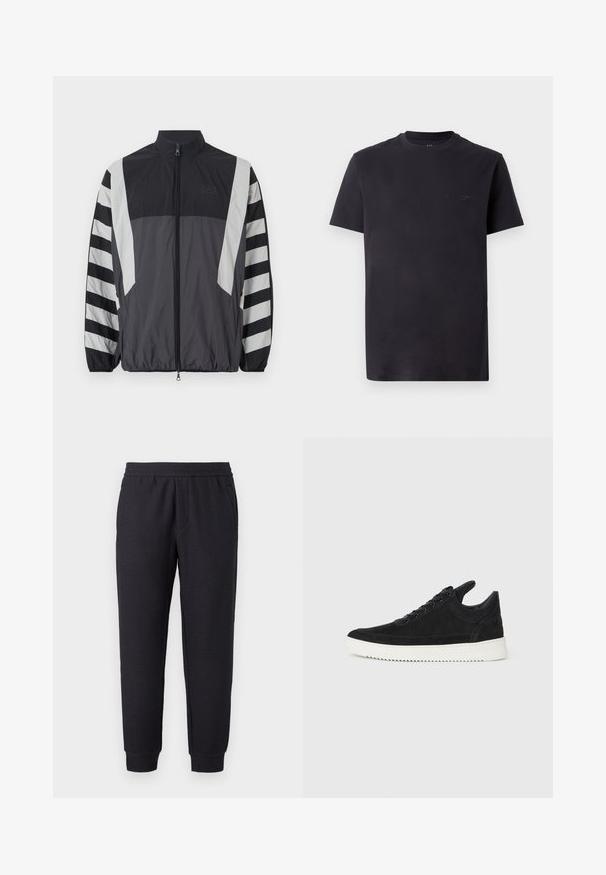 Jaqueta corta-vento em preto e cinza. Apresenta uma gola alta, fecho azul total, e mangas listradas. Feita de um tecido leve e texturizado.; Camiseta de algodão preta com gola redonda, mangas curtas e detalhe de logotipo em relevo no peito. Textura suave, ajuste descontraído.; Calças de treino pretas afuniladas com cós e punhos elásticos, apresentando um padrão texturizado subtil e bolsos laterais.; Sapatilha de camurça preta com sola de borracha branca, apresentando costuras tonais e um design com atacadores. Textura suave com uma forma moderna e simplificada.