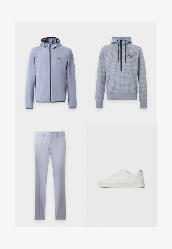 Világoskék, kapucnis, cipzáras dzseki sima anyagból. Fekete díszítéssel a cipzárnál és a szegélynél, mivel a mellekén logó található.; Világoskék kapucnis pulóver kockás mintázattal, fél cipzáras kivitel, állítható zsinórok és elülső zseb. Fekete logóval kiemelve.; Világosszürke, sima anyagból készült, szabott nadrág, gombos záródással, övhunokkal és egyenes szárú kialakítással. Zsebek nem láthatók.; Fehér bőr sportcipő sima felülettel, kerek orral, lapos fűzőkkel és texturált talppal. Finom logó található a sarokon.