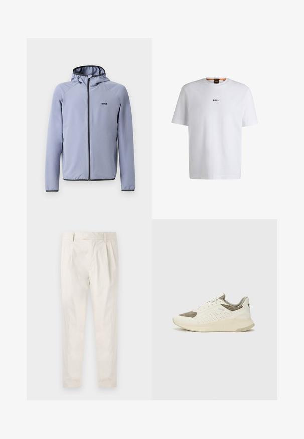 Jasnoniebieska kurtka zasuwana na zamek błyskawiczny z kapturem, wykonana z gładkiego materiału. Posiada czarne akcenty wzdłuż zamka i u dołu, z logo na klatce piersiowej.; Biała bawełniana koszulka z krótkim rękawem, z czarnym logo "BOSS" umieszczonym na środku klatki piersiowej oraz okrągłym dekoltem.; Białe, plisowane spodnie o dopasowanym kroju, z gładką fakturą, szlufkami na pasek i zwężanymi nogawkami. Brak widocznych kieszeni lub wzorów.; Białe i jasnobeżowe sneakersy sportowe, z siateczkową cholewką, perforowanymi detalami oraz teksturowaną podeszwą śródstopia z brandingiem na pięcie.