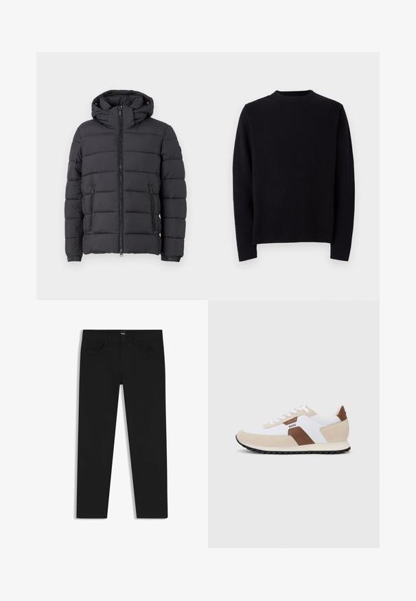 Musta puhallettu takki hupulla, vetoketjulla ja kahdella sivutaskulla. Ominaisuuksiin kuuluu vaakasuora tikkauskuvio ja joustavat hihansuut.; Mustapaitainen neulepusero, jossa on pitkät hihat, pyöreä ribbikaula-aukko ja suora leikkaus. Silkkinen pinta ilman näkyviä kuvioita tai yksityiskohtia.; Musta farkkutakki suoran leikkauksen kanssa, varustettuna tavallisella vyötäröllä, viidellä taskulla ja nappisulkimella. Yhtenäinen sileä pinta.; Valkoisesta verkkokudoksesta ja beige suede-kankaasta valmistetut lenkkarit, joissa on ruskea nahka-akcentti. Pyöreä kärki, litteä kumipohja ja nauhakiinnitys.