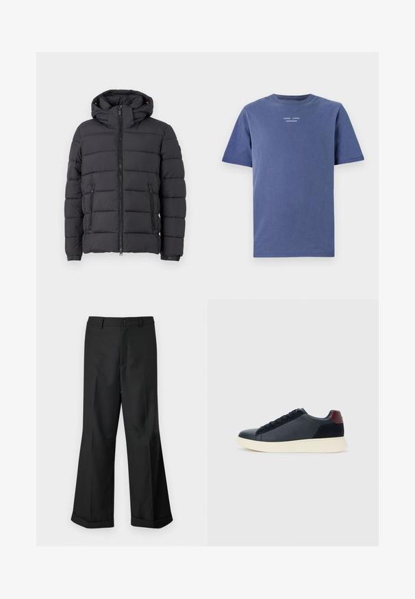 Czarna kurtka puchowa z kapturem, z zamkiem błyskawicznym i dwoma bocznymi kieszeniami. Posiada poziome pikowanie oraz elastyczne mankiety.; Granatowa koszulka z krótkim rękawem wykonana z bawełny. Posiada okrągły dekolt i mały biały tekst na piersi: "SAMSØE SAMSØE COPENHAGEN."; Czarne spodnie o szerokich nogawkach z zapięciem na guziki w pasie i mankietami, prezentowane na jednolitym białym tle.; Niskie męskie sneakersy z czarnej skóry i zamszu, z bordową pętlą na pięcie i białą gumową podeszwą, widziane z zewnętrznej strony.