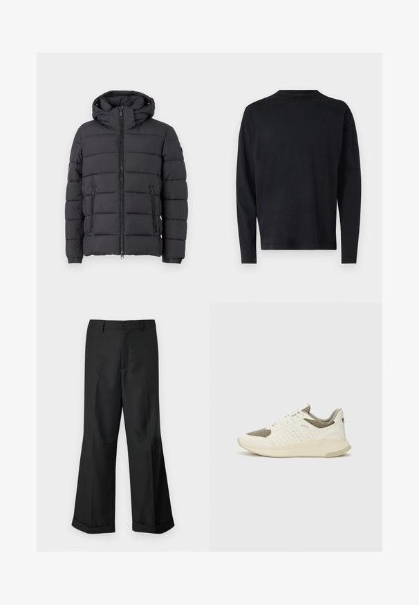 Czarna kurtka puchowa z kapturem, z zamkiem błyskawicznym i dwoma bocznymi kieszeniami. Posiada poziome pikowanie oraz elastyczne mankiety.; Czarna koszula z długim rękawem, wykonana z miękkiego materiału. Posiada klasyczny dekolt i opadające ramiona. Gładka tekstura bez widocznych wzorów.; Czarne spodnie o szerokich nogawkach z zapięciem na guziki w pasie i mankietami, prezentowane na jednolitym białym tle.; Białe i jasnobeżowe sneakersy sportowe, z siateczkową cholewką, perforowanymi detalami oraz teksturowaną podeszwą śródstopia z brandingiem na pięcie.