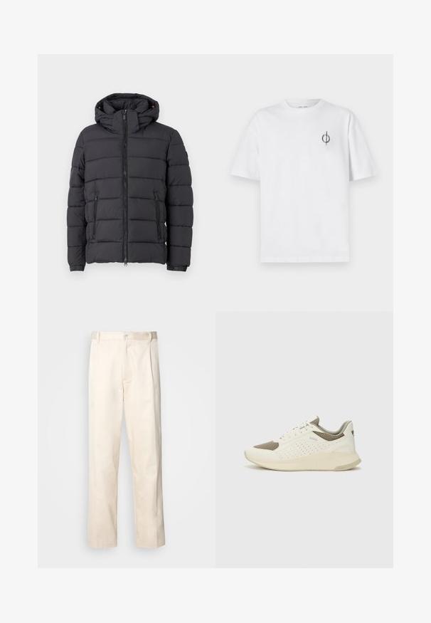 Mustmustööpaga, millel on kapuuts, tõmblukuga sulgemine ja kaks küljetaskut. Omab horisontaalset tikandimustrit ja elastseid mansette.; Valge puuvillane t-särk lõdva sobivusega, millel on vasakul rinnal väike must graafiline logo. Lühikesed varrukad, ümmargune kaelus.; Beesidised puuvillased püksid sirge jala lõikega, mis on varustatud nööpkinnituse ja ees olevate voltidega, et lisada detaili.; Valge ja heledat beeži värvi spordijalats, millel on õhuke võrkmaterjal, perforatsioonidega detailid ning tekstuuriga vahetald, millel on brändi logo kannaosas.