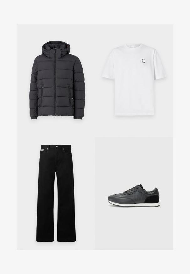 Melna pūkainā jaka ar kapuci, ar rāvējslēdzēja aizdari un divām sānu kabatām. Izceļas ar horizontālu quilting rakstu un elastīgām aprocēm.; Bāla kokvilnas t-kreklu ar brīvu piegulšanu, kuram uz kreisā krūšu apvidus ir neliels melns grafiskais logotips. Īsas piedurknes, apaļas kakla izgriezums.; Melni džinsi ar platajiem bikšu dizainu, ar piecām kabatām un metāla pogām. Gluda tekstūra, bez redzamām rakstu detaļām.; Melni sporta kurpju zābaki, kas izgatavoti ar ādas augšdaļu, ar perforētu dizainu, zamšādas akcentiem un baltu gumijas zoli. Klasiska auklu pievēršana.