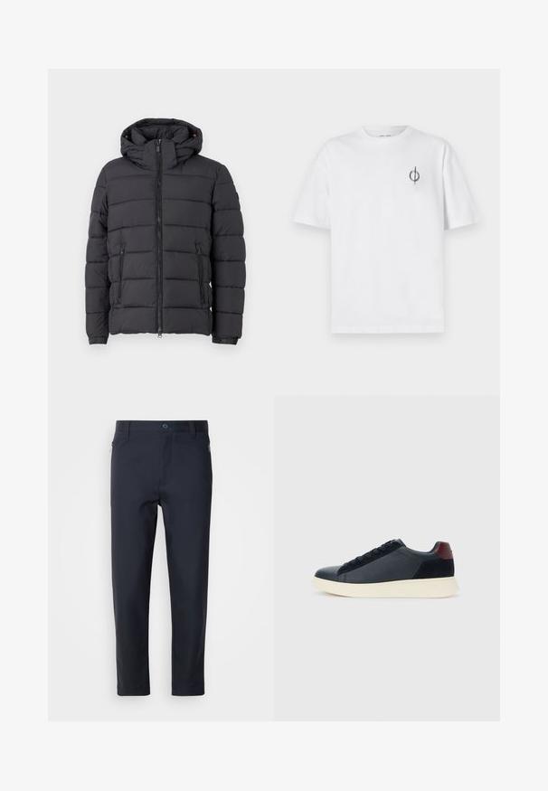 Chaqueta acolchada negra con capucha, cierre de cremallera y dos bolsillos laterales. Presenta un patrón de acolchado horizontal y puños elásticos.; Camiseta de algodón blanca con un corte relajado, con un pequeño logotipo gráfico negro en el área del pecho izquierdo. Mangas cortas, estilo cuello redondo.; Pantalones de traje azul marino, confeccionados en una tela suave, con un bolsillo con cremallera, perneras rectas y un cierre de botón en la cintura.; Zapatilla baja para hombre en cuero negro y ante con un parche en el talón color burdeos y suela de goma blanca, vista desde el lado externo.