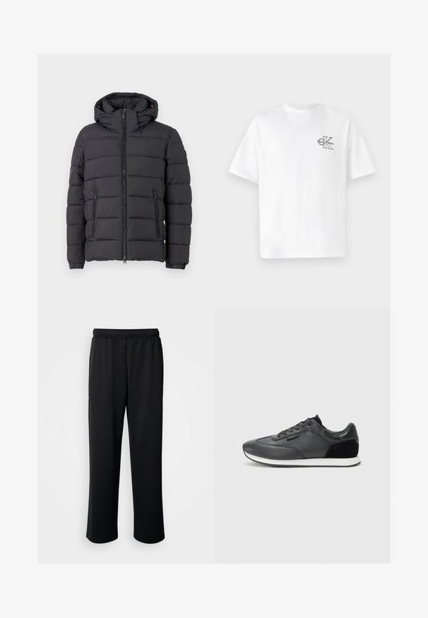 Black puffer jacket with a hood, zip closure, and two side pockets. Features horizontal quilted pattern and elasticized cuffs.; White cotton t-shirt with short sleeves, crew neck, featuring a black CK logo on the left chest area, standard fit, smooth texture.; Black athletic pants made from soft, breathable fabric. Feature an elastic waistband and straight legs with no prominent accents or patterns.; Black athletic sneakers featuring a leather upper with perforated detailing, suede accents, and a white rubber sole. Classic lace-up design.