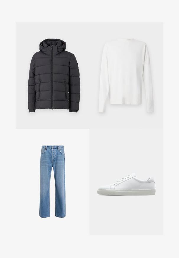 Veste en doudoune noire avec capuche, fermeture éclair et deux poches latérales. Présente un motif matelassé horizontal et des poignets élastiqués.; Chemise en coton blanc à manches longues avec un col rond, fentes latérales en bas et une texture lisse, présentée de dos.; Jeans en denim bleu clair avec une coupe droite, cinq poches, fermeture à bouton, peu d'usure et des détails de couture contrastés.; Sneaker blanche avec une tige en cuir lisse et un profil bas. Présente un bout arrondi, six œillets et une semelle en caoutchouc texturé.