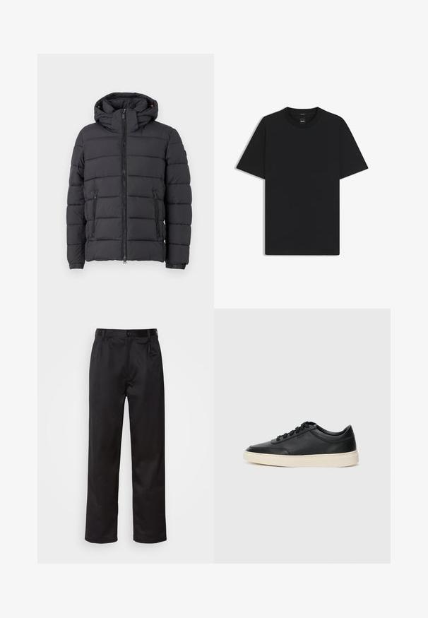 Sort puffet jakke med hætte, lynlås lukning og to sidelommer. Har horisontalt quiltet mønster og elastiske manchetter.; Sort kortærmet T-shirt lavet af en glat bomuldsblanding, med en rund halsudskæring og et minimalistisk design uden mønstre eller accenter.; Sorte bukser lavet af glat stof, med frontknaplukning, pressefolder og lige ben. Ingen synlige mønstre eller accenter.; Sort lavt top lædersneaker med sorte snørebånd og off-white sål vist i sideprofil på hvid baggrund.