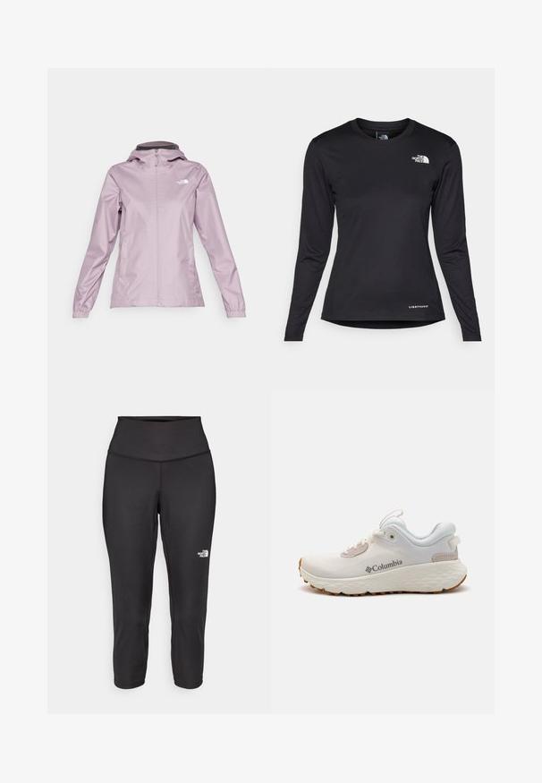 The North Face QUEST JACKET - Regnjakke / vandafvisende jakker - purple chalk; The North Face SHADOW LONG SLEEVE - Langærmet T-shirt - black; Sorte capri leggings lavet af strækbart stof, med en høj talje og et lille hvidt logo på venstre side. Glat tekstur.; Letvægts Columbia atletiksko i hvid mesh med en struktureret grå sål og gummitræk. Har en polstret krave og snørebåndsdesign.