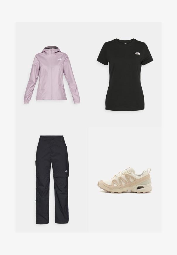 The North Face QUEST JACKET - Waterproof jacket - purple chalk; Black cotton t-shirt featuring a crew neckline and short sleeves. Notable white logo on the upper left side. Smooth texture, casual fit.; Black nylon zip-off cargo trousers with adjustable cuffs, multiple pockets, and a logo on the right leg. Smooth, lightweight texture.; Beige and cream athletic shoe with textured mesh upper, supportive overlays, and rubber outsole featuring a tread pattern for traction.