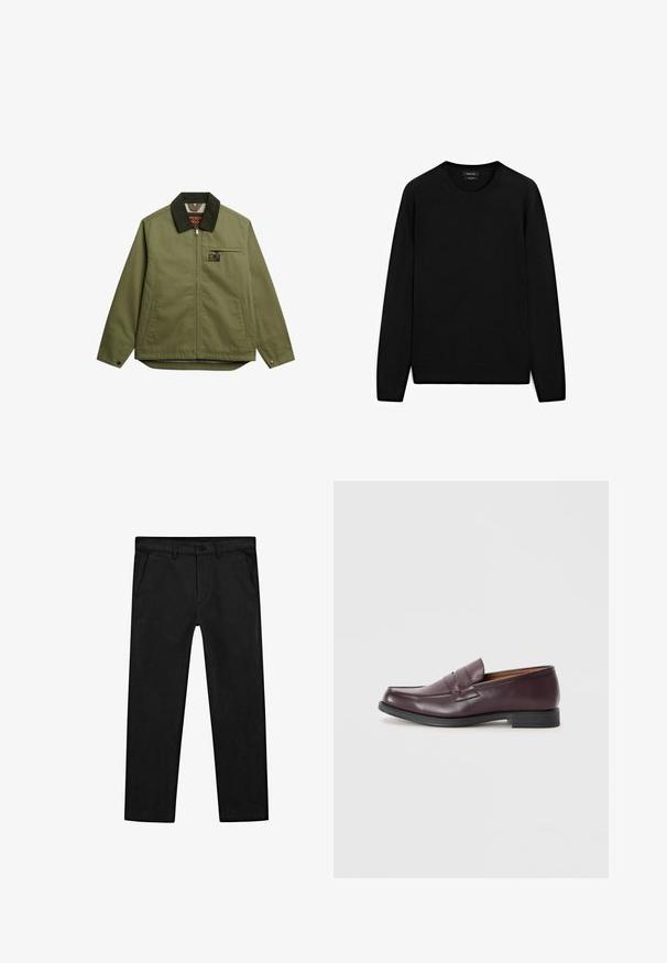 Oliwkowa kurtka z zamkiem z przodu, kontrastowym czarnym kołnierzem, kieszenią z przodu i przeszyciami. Wykonana z wytrzymałego materiału.; Czarny sweter z miękkiego materiału, posiadający okrągły dekolt, długie rękawy oraz luźny krój. Nie ma widocznych wzorów ani akcentów.; Czarne bawełniane spodnie o prostych nogawkach, z przednimi kieszeniami oraz klasycznym zapięciem na guzik i suwak. Gładka faktura, dopasowany krój.; Bordowe skórzane loafersy z zaokrąglonym noskiem, subtelnymi przeszyciami i niską czarną podeszwą. Klasyczny design z minimalnymi zdobieniami.