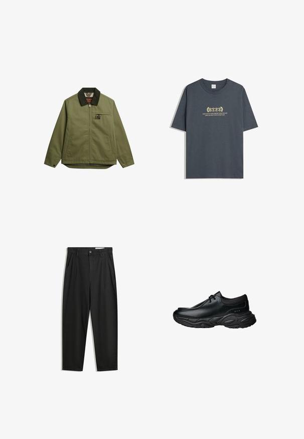 Olijf groene jas met een rits aan de voorkant, contrasterende zwarte kraag, voorzak en gestikte details. Gemaakt van duurzaam materiaal.; Donkergrijze katoenen T-shirt met korte mouwen, een ronde hals en gele tekst in een decoratief lettertype met een laurouver opioid. ; Zwarte katoenen broeken met een losse pasvorm, voorzien van een klassieke tailleband, voorplooien en zijzakken. Gladde structuur zonder patronen.; Zwarte leren instapschoenen met een ronde neus en een dikke, gestructureerde rubberen zool. Bevat subtiele stiksels en elastische accenten bij de kraag.