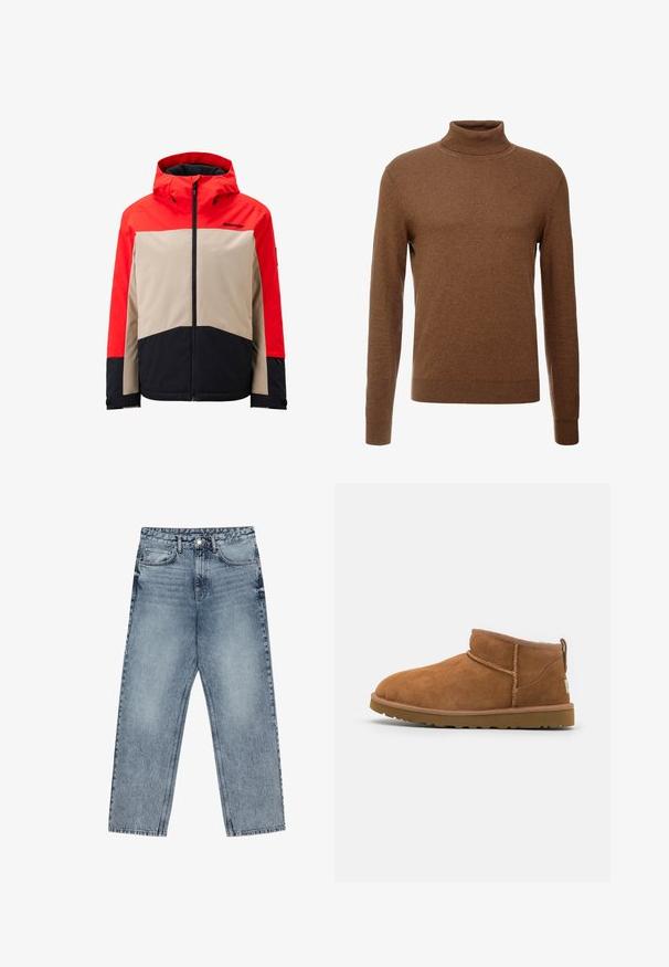 Veste colorée rouge, beige et noire avec capuche, fermeture éclair et poignets ajustables. Fabriquée dans un matériau lisse, probablement résistant à l'eau.; Pull en col roulé marron en tissu doux, avec des manches longues, des poignets côtelés et une coupe ajustée sans motifs visibles.; Jean en denim bleu clair avec une coupe droite, couture visible, design à cinq poches et fermeture à bouton à la taille.; Bottine en suède beige avec un bout rond, des détails de couture subtils et une semelle en caoutchouc texturée. Hauteur courte sans lacets.