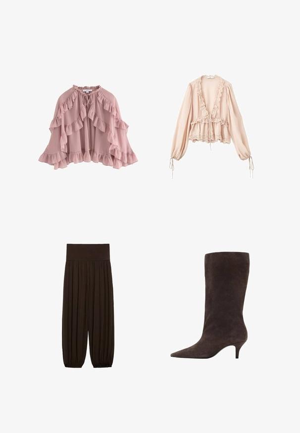 Helles rosa Cape mit gewellten Kanten, aus weichem Stoff gefertigt. Verfügt über einen Bindeschluss am Hals und ein fließendes Design mit schichtweise Fransen.; Blushfarbene Bluse mit langen Ärmeln, gerafftem Ausschnitt, Kordelzug in der Taille und Spitzenbesatz an den Manschetten und dem Saum. Leichter, strukturierter Stoff.; Braune plissierte Hose mit einem breiten, elastischen Bund. Der Stoff ist leicht und strukturiert und hat an den Säumen Gatherings.; Braune Wildleder-Stiefel bis zum Knie mit spitzem Fuß und mittelhohem Absatz, die eine glatte Textur und ein elegantes Design aufweisen.