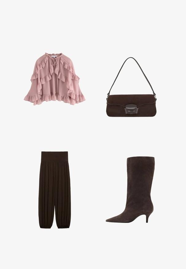 Lichtroze cape met gerimpelde randen, gemaakt van zachte stof. Heeft een striksluiting bij de hals en een vloeiend ontwerp met gelaagde franje.; Blauwroze blouse met lange mouwen, ruches bij de hals, een trekkoord in de taille en kanten rand bij de manchetten en zoom. Lichtgewicht, gestructureerde stof.; Bruine geplooide broek met een brede, elastische tailleband. De stof is lichtgewicht en gestructureerd, met gatherse randen bij de boorden.; Bruine suède kniehoogte laars met een spitse neus en een mid-hoge hak, met een gladde textuur en een slank ontwerp.; Bruine suède handtas met een lange leren schouderband, zilveren hardware, een rechthoekige vorm en een platte flap met een centrale versiering.
