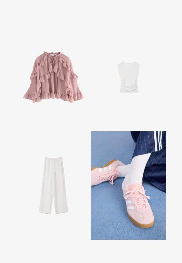 Helles rosa Cape mit gewellten Kanten, aus weichem Stoff gefertigt. Verfügt über einen Bindeschluss am Hals und ein fließendes Design mit schichtweise Fransen.; Weißes Kurzarmoberteil mit Rundhalsausschnitt. Verfügt über geraffte Textur an den Seiten und eine figurbetonte Silhouette, gefertigt aus weichem, dehnbarem Material.; Weiße weit geschnittene Hose aus leichtem Stoff. Mit einem elastischen Bund und Kordelzug sowie Seitentaschen. Glatte Textur.; Hellrosa Wildleder-Sneaker mit weißen Streifen und Schnürsenkeln, ausgestattet mit einer strukturierten Zunge und einer Gummisohle, auf einem blauen Teppich platziert.