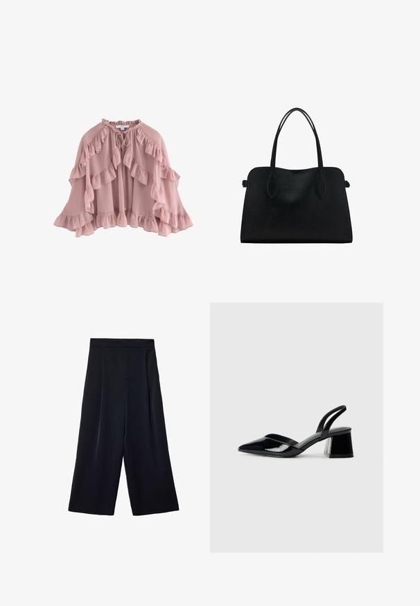 Světle růžový plášť s volánkovými okraji, vyrobený z měkké látky. Má zavazování na krku a splývavý design s vrstvenými volánky.; Černé bavlněné tričko s volným střihem, krátkými rukávy, zaobleným výstřihem a hladkou texturou. Bez viditelných vzorů nebo akcentů.; Široké černé kalhoty vyrobené z lehkého materiálu. Mají plisovaný přední díl, vysoký pas a volný střih kolem nohou.; Černé lakované kožené lodičky na pásku s špičatou špičkou a geometrickým blokovým podpatkem. Vyznačují se elegantním, minimalistickým designem a hladkým povrchem.; Černá kožená kabelka s dvojitými ramenními popruhy, obdélníkový tvar a minimalistický design na bílém pozadí.