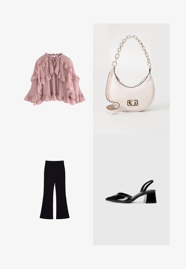 Helles rosa Cape mit gewellten Kanten, aus weichem Stoff gefertigt. Verfügt über einen Bindeschluss am Hals und ein fließendes Design mit schichtweise Fransen.; Schwarzes kurzärmliges Crop-Top aus weichem Stoff, mit rundem Halsausschnitt und einem lässigen Schnitt mit einem sauberen Saum.; Schwarze Schlaghose mit hohem Bund und ohne sichtbare Taschen oder Knöpfe, vor einem weißen Hintergrund gezeigt.; Schwarze Lackleder-Slingback-High Heels mit spitzem Schuh und einem geometrischen Blockabsatz. Verfügt über ein schlankes, minimalistisches Design und eine glatte Textur.; Rosa strukturiert Lederhandtasche mit einer goldenen Kettenriemen, runder Form und einem goldenen Logo-Detail an der Vorderseite. Verfügt über einen zusätzlichen Schulterriemen.