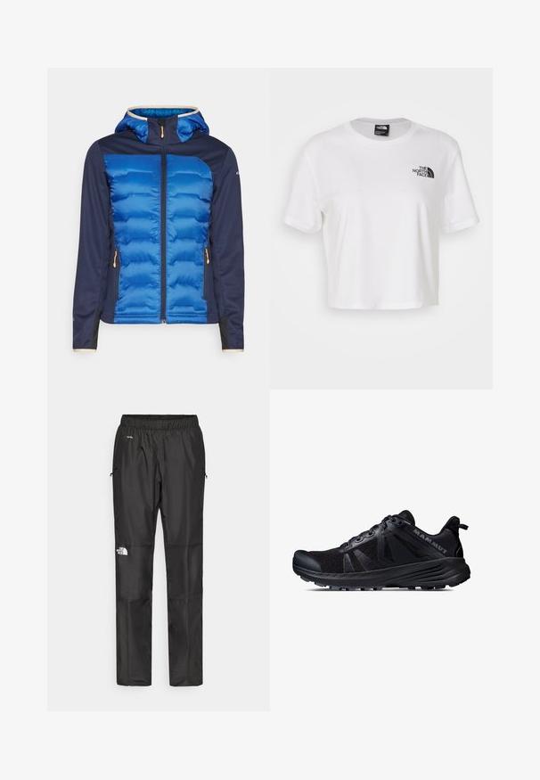 Blå pufferjacka med en marinblå tygkropp och huva i blått. Har en hel dragkedja, sidofickor med orange detaljer och kontrasterande ärmslut.; Vit kortärmad t-shirt av bomull med rund halsringning. Har en svart logotyp på vänstra bröstet.; Svarta vattentäta byxor i lättviktsmaterial, med elastisk midja, sidofickor och en logotyp på vänster ben.; Svart trail running-sko med ovandel i mesh och gummisula. Har texturerade overlay, förstärkt tåhätta och varumärkeslogotyp på hälen.