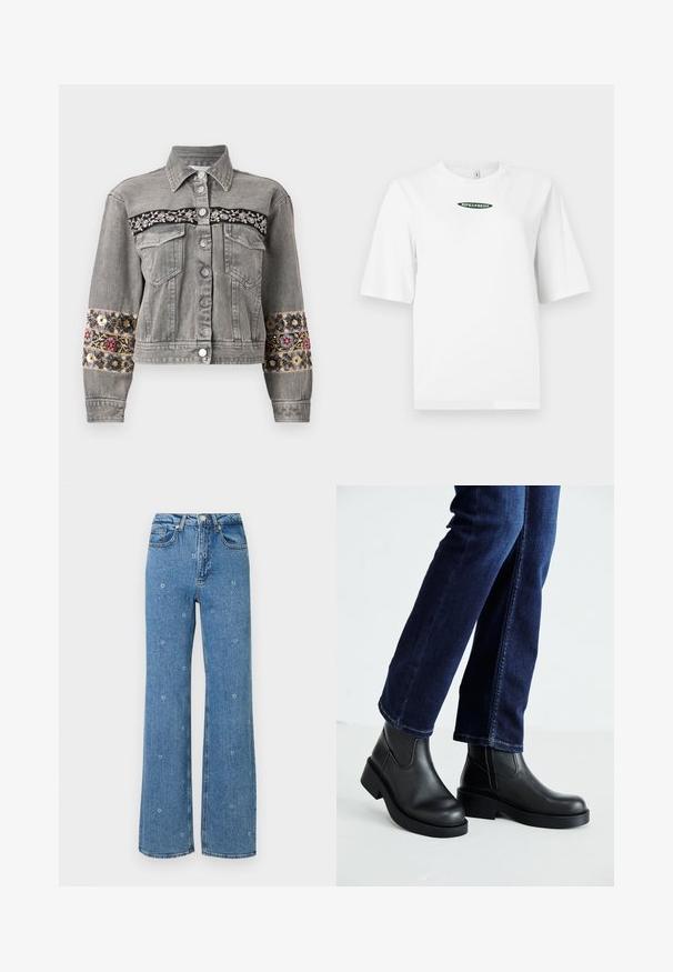 Gray denim jacket with a cropped design, featuring embroidered floral patterns on the sleeves and a black band across the chest. Silver buttons.; White short-sleeve t-shirt made of cotton, featuring a green "RIPE&FRESH" logo centered on the chest in an oval design.; Blue high-waist straight-leg jeans with small white floral embroidery scattered across the fabric.; Black leather ankle boots with a chunky sole and side elastic panels, paired with dark blue jeans. The ground is light-colored.