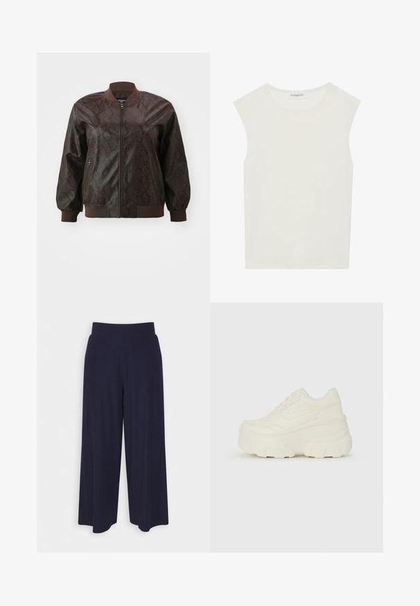 Jaqueta bomber de couro castanho com textura de pele de cobra, colarinho, punhos e bainha canelados, apresentando um fecho frontal e bolsos laterais.; Top branco sem mangas com decote redondo. Feito de um tecido liso, apresenta um corte descontraído e um design minimalista. Sem padrões ou detalhes.; Calças largas em tecido azul-marinho escuro com uma textura ribada. Apresenta uma cintura suave e uma silhueta fluida, atingindo o comprimento até metade da panturrilha.; Tênis brancos de plataforma com um cabedal suave semelhante a couro, formato arredondado, colarinho acolchoado e sola de borracha texturizada com ranhuras bem definidas.