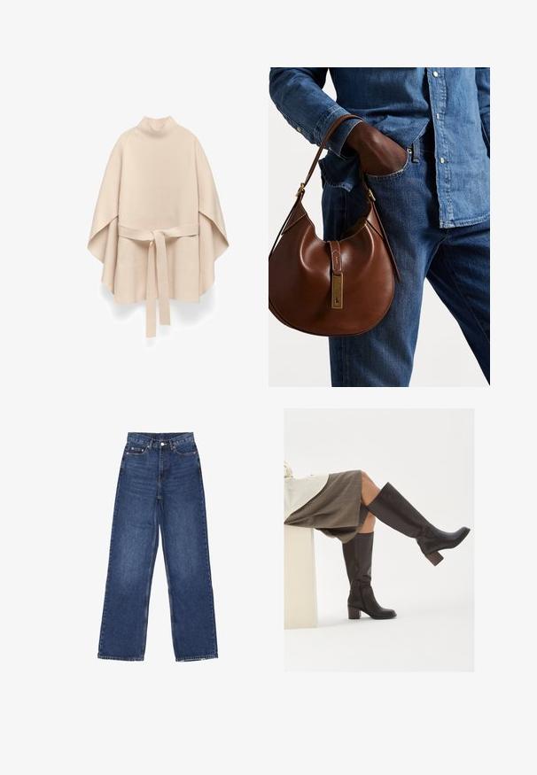 Beżowy dzianinowy poncho z wysokim dekoltem i dopasowanym paskiem związanym w talii, z szerokimi, luźnymi rękawami i gładką fakturą.; Polo Ralph Lauren - Kardigan; Dwie bezrękawnikowe, prążkowane bluzki z golfem w kolorze brązowym i czarnym, prezentowane na jednolitym białym tle.; Szerokie niebieskie dżinsy z wysokim stanem, z zapięciem na guzik, pięcioma kieszeniami i delikatnym przetarciem na materiale.; Brązowe skórzane kozaki do kolan z kwadratowym czubkiem, grubym obcasem i bocznym zamkiem błyskawicznym. Gładka faktura z polerowanym wykończeniem.; Brązowa skórzana torebka hobo w zaokrąglonym kształcie, z akcentami w złotym kolorze i kontrastowym przeszyciem. Połączona z dżinsową koszulą i spodniami dżinsowymi.