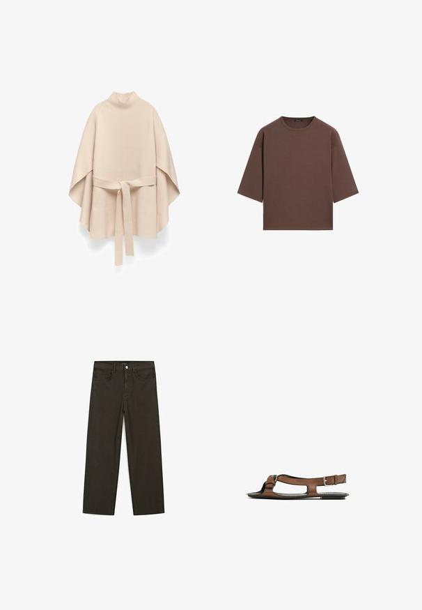 Beige gestrickter Poncho mit hohem Kragen und passendem Gürtel, der in der Taille gebunden ist. Mit weiten, fließenden Ärmeln und einer glatten Textur.; Braunes, kurzes T-Shirt mit rundem Halsausschnitt, kurzen Ärmeln und einer weichen Textur. Entworfen mit einem lässigen Schnitt und minimalen Details.; Dunkelgrüne Jeans im weit geschnittenen Style, hergestellt aus einem Baumwollgemisch. Sie verfügen über einen Frontknopfverschluss, fünf Taschen und klassische Denim-Nähte.; Braune Leder-Sandale mit offener Zehenpartie und seitlichen Ausschnitten. Sie verfügt über einen Knöchelriemen mit einer metallischen Schnalle und eine flache Sohle.