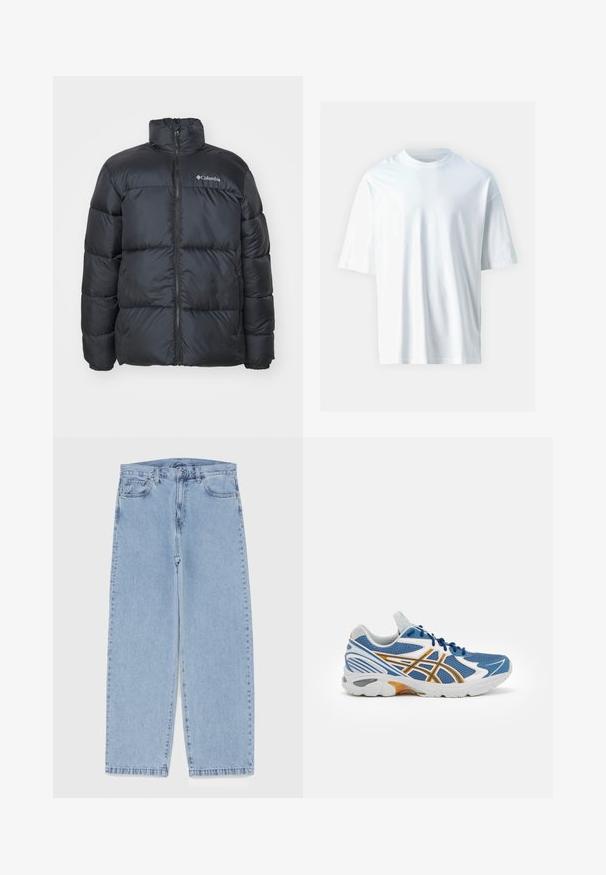 Melna pūkainā jaka ar augstu apkakli, priekšējo rāvējslēdzēju, elastīgām piedurknēm un šūtiem paneļiem siltumizolācijai. Uz krūtīm ir Columbia logos.; Balts īsām piedurknēm T-krekls, kas izgatavots no mīkstas kokvilnas. Tam ir apaļa kakla izgriezums, brīva piegriezuma forma un gluda tekstūra. Nav redzamu rakstu vai akcentu.; Gai zila džinsu bikses ar taisnu kāju dizainu, kas piedāvā vidēju vidukļa augstumu, piecas kabatas un pogas un rāvējslēdzēja aizdari.; Zila sporta apava ar acs audumu augšdaļu, baltiem un oranžiem akcentiem, ar mīkstinātu vidusdaļu un teksturētu gumijas zoli. Iespējama saslēdzama dizaina.