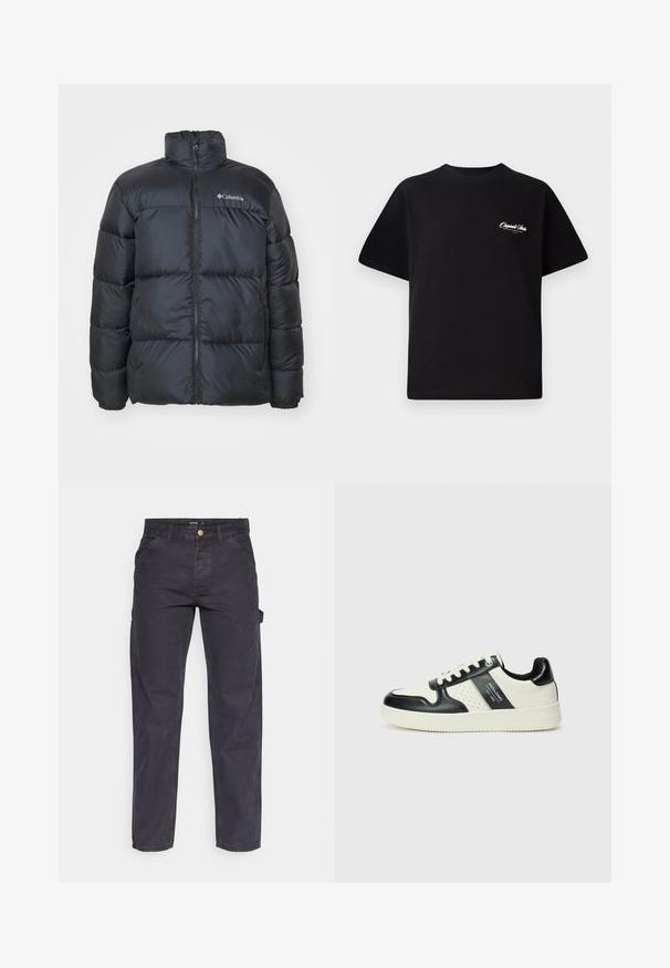 Črna puffer jakna z visokim ovratnikom, sprednjim zadrgo, elastičnimi manšetami in šivanimi paneli za izolacijo. Ima Columbia logo na prsih.; Črna bombažna majica s krožno ovratnikom, kratkimi rokavi in majhnim belim logotipom na levem prsnem delu. Preprost dizajn, klasičen kroj.; Temno sivi cargo hlače iz trpežnega materiala, z ravnim krojem nogavic, petimi žepi in gumbom za zapiranje v pasu.; Usnjeni športni čevlji z črno in krem barvno shemo, ki vključujejo perforirane dodatke, podložen ovratnik in strukturirano podplat.