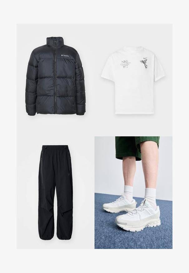 Čierna prešívaná bunda s vysokým golierom, predným zipsom, elastickými manžetami a prešívanými panelmi pre izoláciu. Na hrudi sa nachádza logo Columbia.; Biela bavlnená tričko s čiernym grafickým potlačou krídelnej postavy a textom, s okrúhlym výstrihom a krátkymi rukávmi.; Čierne ľahké cargo nohavice s elastickým pásom, bočnými zipsami a priestrannými vreckami. Majú voľný strih a zúžené manžety.; Biele športové topánky s textúrovanými prešívaniami, robustnou podrážkou a sivými akcentami. Nosené s bielymi ponožkami po členky a zelenými šortkami na modrom povrchu.